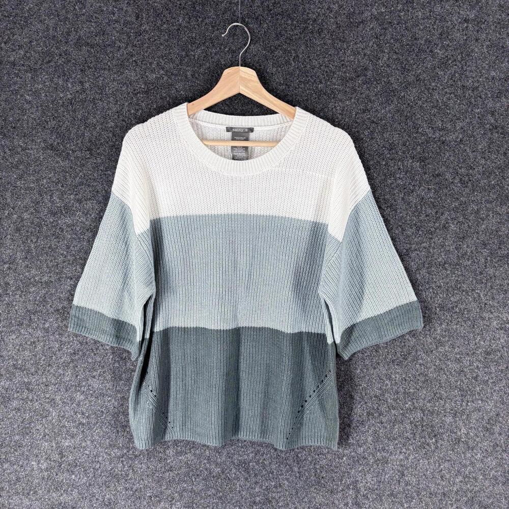 Matty M Sweater Pullover Women M Medium Gray Striped Knit 3/4 Sleeve Round Neck